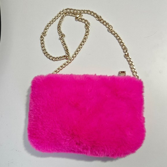 NWOT Faux Fur Clutch Crossbody Handbag Hot Pink - Picture 2 of 7